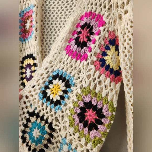 Boho Crochet Knit Patchwork Bell Sleeve Cardigan  Sz Large - Picture 5 of 6